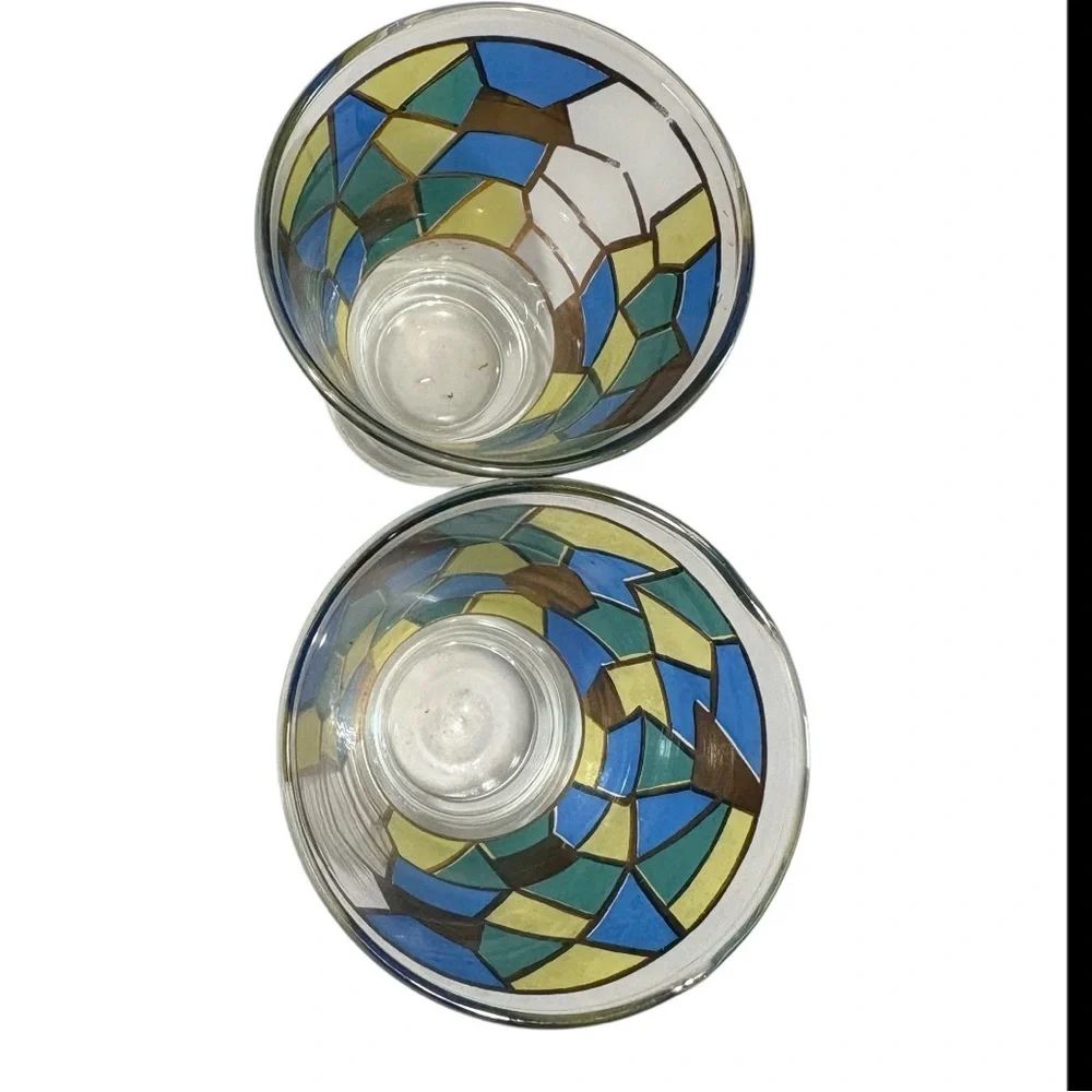 Vintage Style Mosaic Shot Glasses Blue Green Gold Stained Glass Look Set of 2‎
